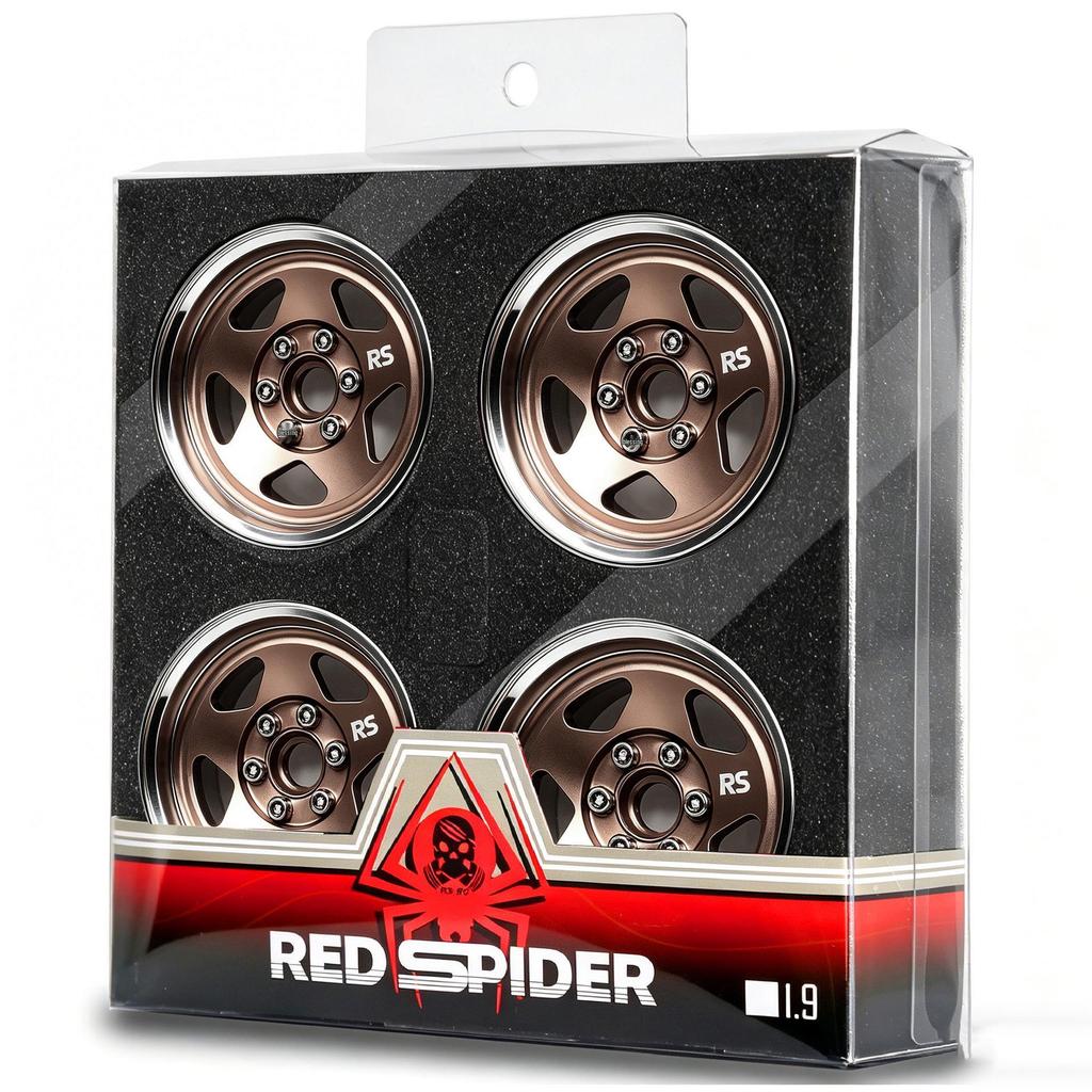 RS Red Spider 1/10 Crawler Car with 1.9-Inch Metal Five-Spoke Wheel Hubs in Black, Silver, and Antique Bronze
