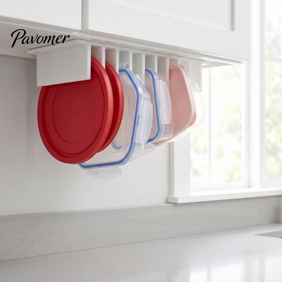 Under Cabinet Lid Storage Loft Organizer for Cabinet, Self Adhesive 10 Slots Kitchen Solution Rack, Wall Mounted Space Saving Plastic Box Lids Holder