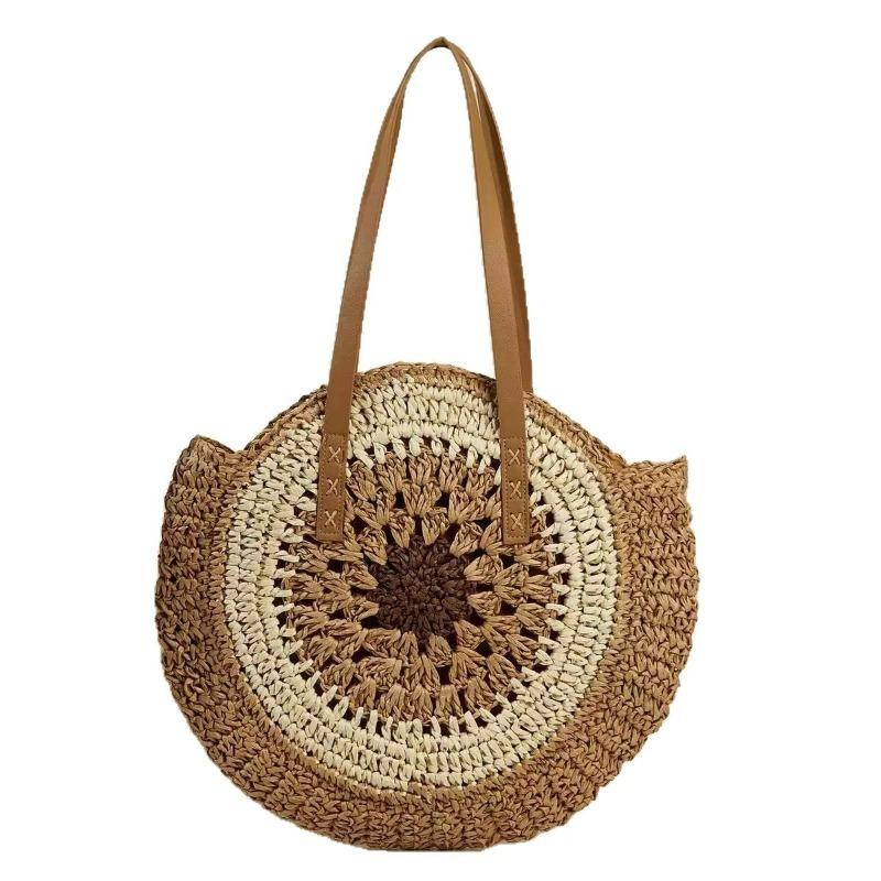 Hollow zipper straw bag seaside hand-woven bag women's new shoulder large-capacity vacation beach tote bag