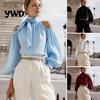 Lantern Sleeves Shirt Summer Women Solid Color Shirt, Cold Shoulder Regular Fit Blouse Blouse, Casual Loose High Collar Ruffle Top