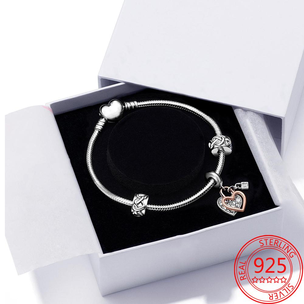 Real New Rose Gold Heart Padlock Double Charm Fit Fashion Snake Bracelet 925 Sterling Silver Charms Jewelry Girls Gift Making