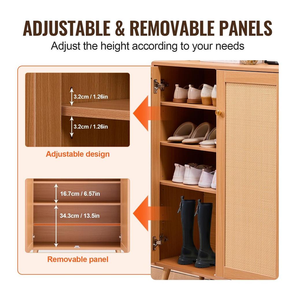 Rattan Shoe Cabinet 5 Tiers Shoe Organizer 2 Doors & Adjustable Shelves