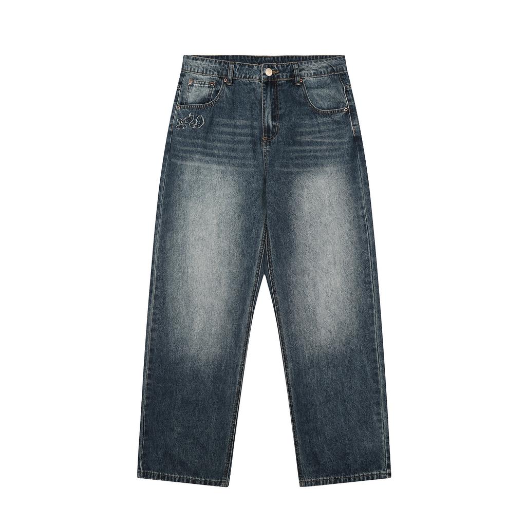 Fish Pond Bear Embroidered Jeans Loose Straight Fit Casual Pants Trousers