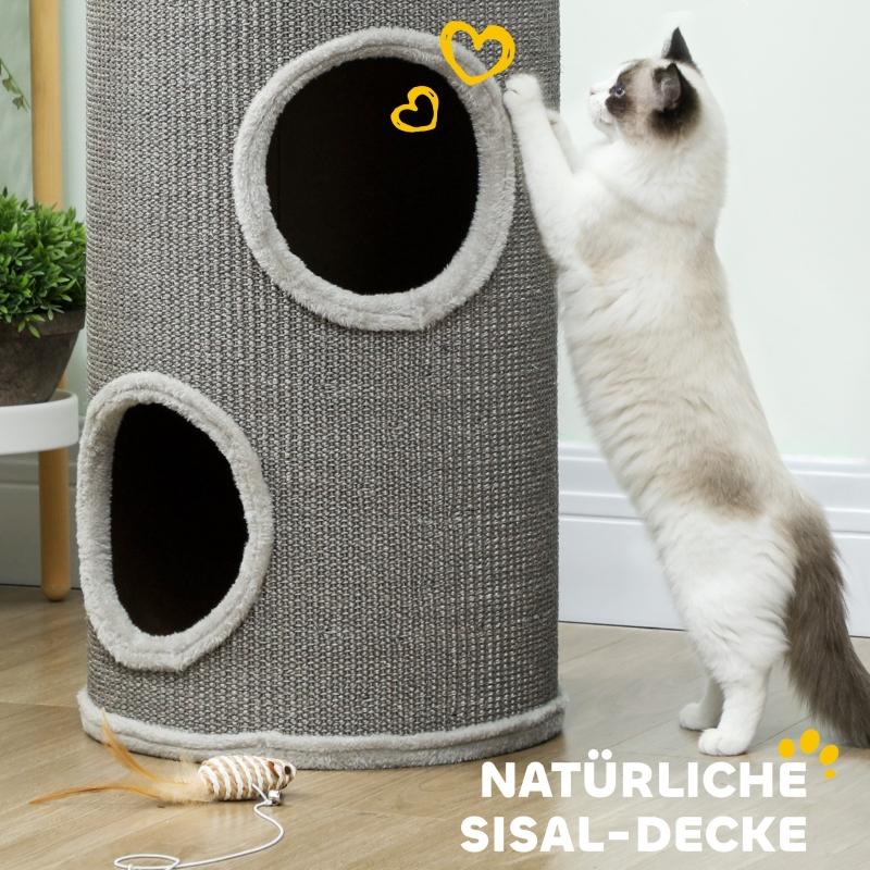 Scratching barrel, 60 cm high, Ø 35 cm, two-story cat barrel with 2 caves, plush rim, for 1-2 cats up to 5 kg, light grey