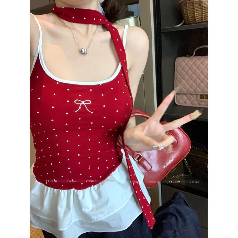 Women's Polka Dot Bow Camisole – Summer Ruffled Patchwork Top
