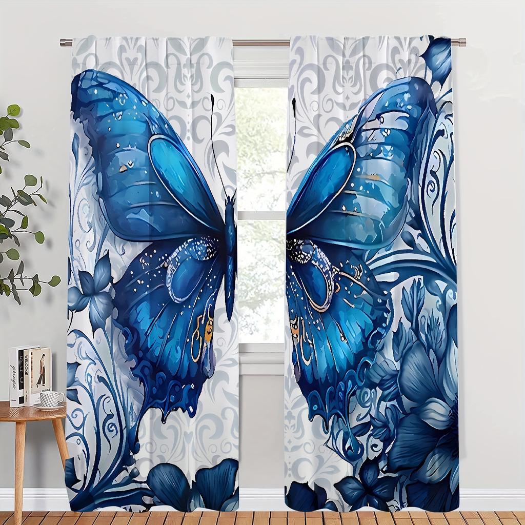2 Panels Flower Butterfly Printed Curtain Decorative Window Drape Window Treatments For Bedroom Living Room Home Decoration