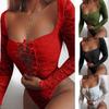 Women Fashion Sexy Rompers See Through Hollow Out Solid Color Rompers Long Sleeve Lace Seductive Bodysuit