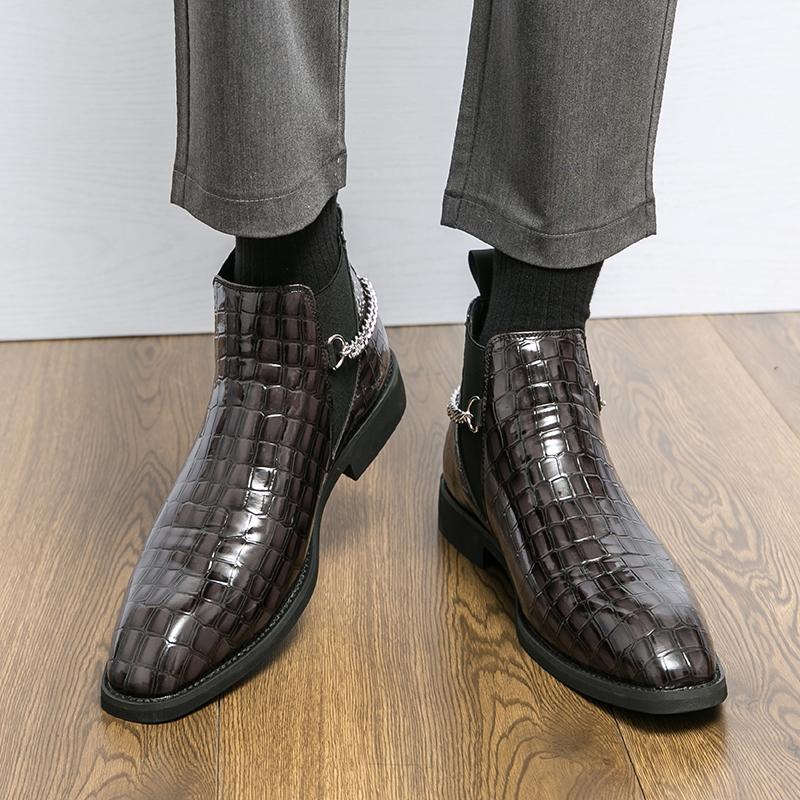Итальянский стиль эластичная цепь дизайнерские ботинки челси для мужчин деловой круглый носок мужские ботильоны на платформе повседневная обувь мужская обувь