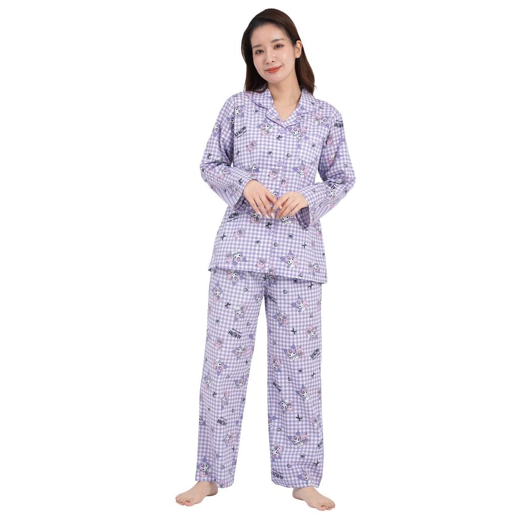 SAZAC Kuromi Gingham Pajama Cotton Long Sleeve and Loungewear Set, 100% Broadcloth, Women's Pants, (Purple/M/SAN1782)