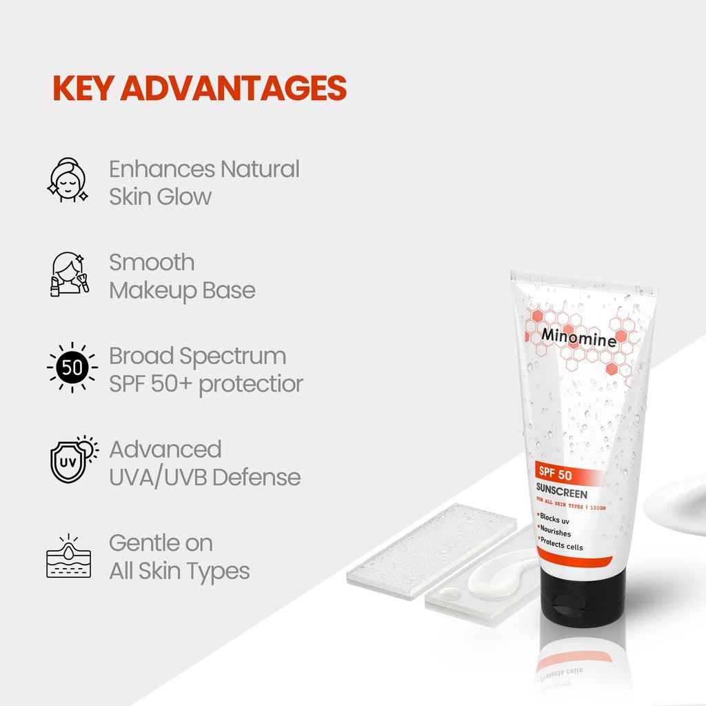 Солнцезащитный крем Minomine SPF 50 с витамином E | Блокирует УФ, Питает, Защищает клетки | Для мужчин и женщин, Все типы кожи, 100 г