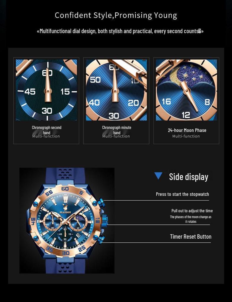 Мужские многофункциональные водонепроницаемые спортивные часы Playboy с большим циферблатом и дизайном «три глаза».