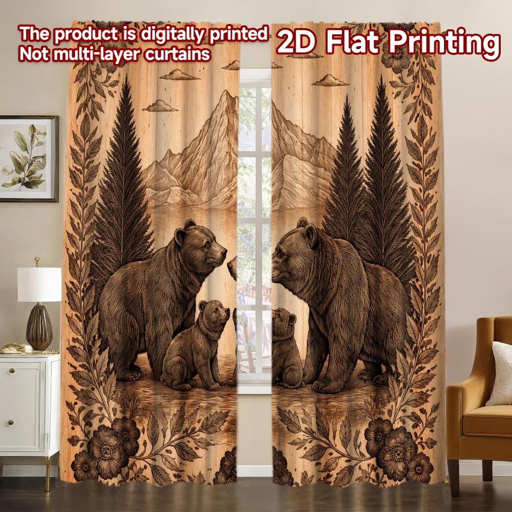 2D FLAT PRINTING 2pcs Curtains (Without Rod) Bear Family in Forest(1) Popular Creative Curtains Versatile Polyester Curtains