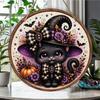 Cute black cat witch pumpkin print round wooden hanging plaque rustic farmhouse wall decor halloween home holiday party decorations