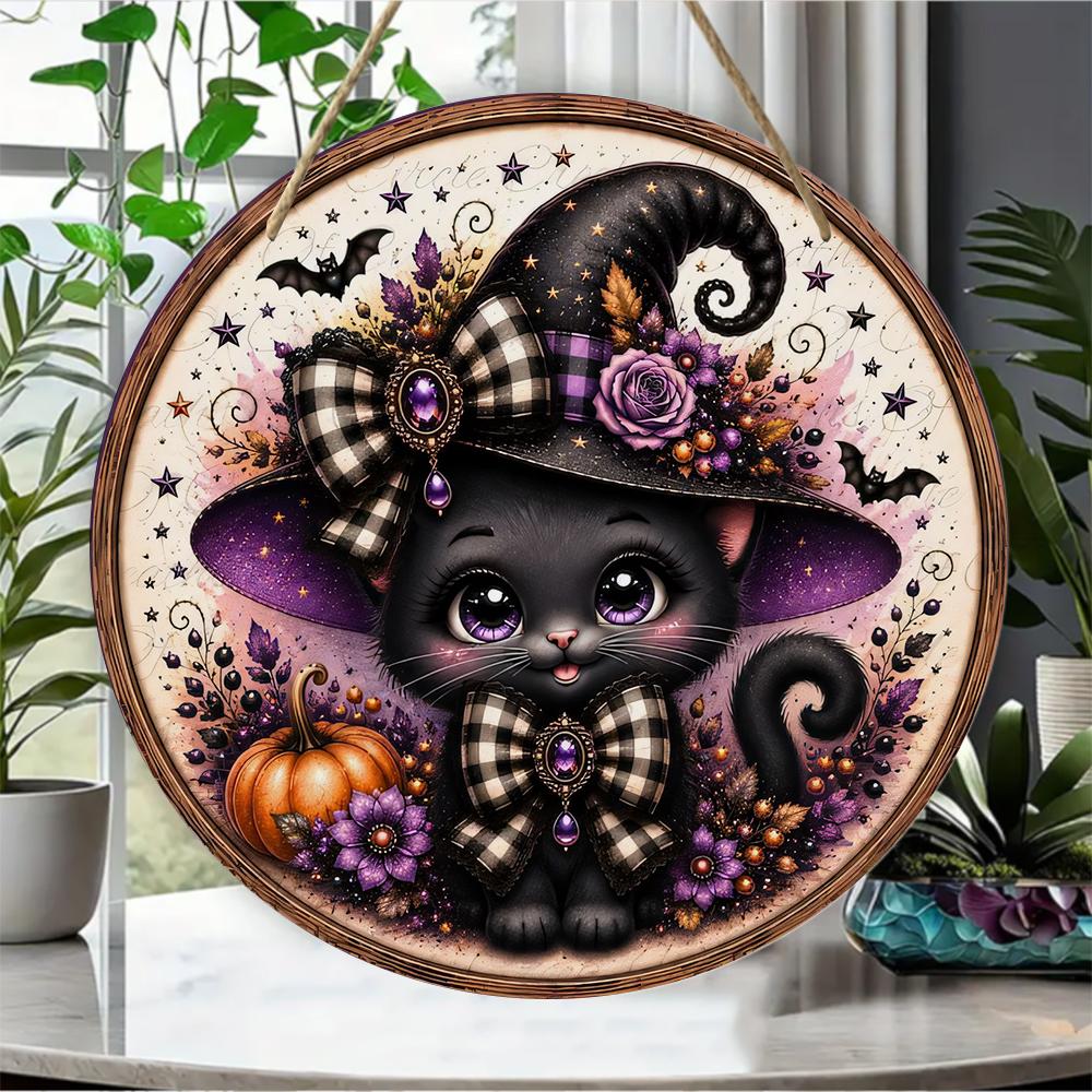 Cute black cat witch pumpkin print round wooden hanging plaque rustic farmhouse wall decor halloween home holiday party decorations
