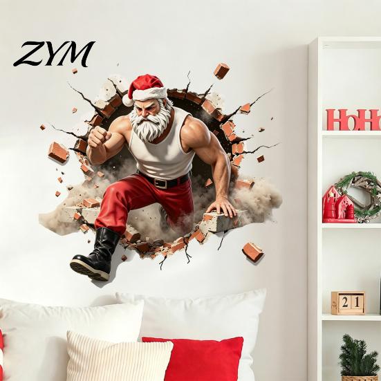 Christmas Wall Decals Muscle Santa Claus Break Through Decal, 3D Cracked Brick Winter Wonderland Stickers Self?Adhesive Sticker, Funny Mural