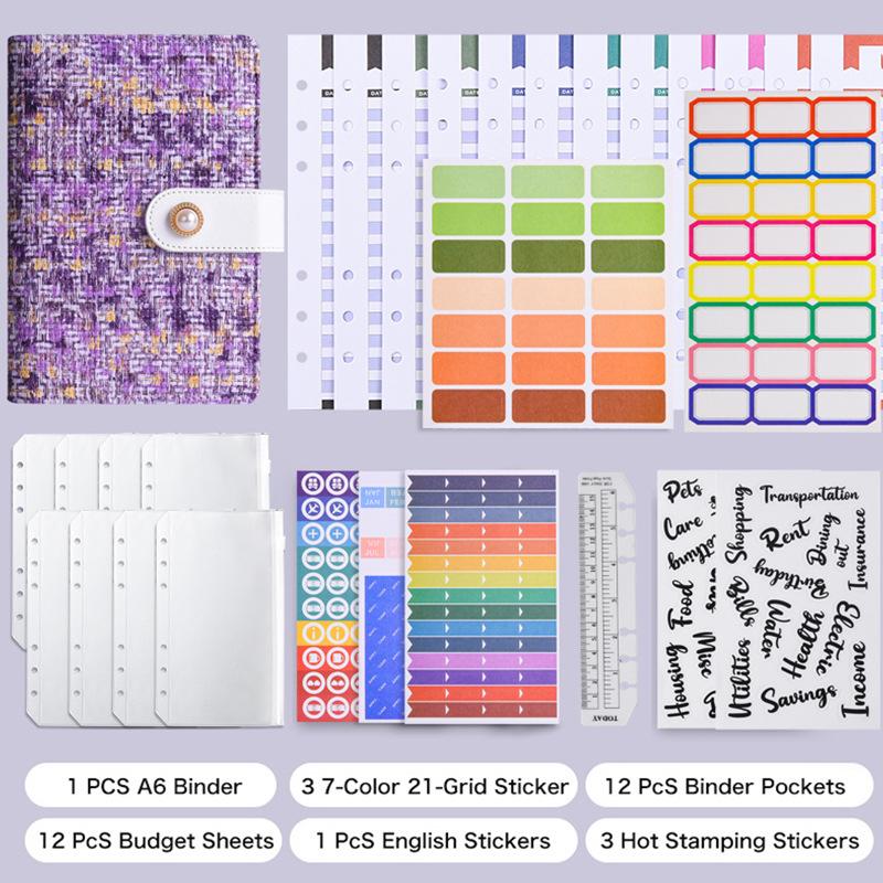 A6 Tweed Style Colorful Budget Planner, 6-Ring Binder with Zipper Pouch, Cash Envelope Ledger