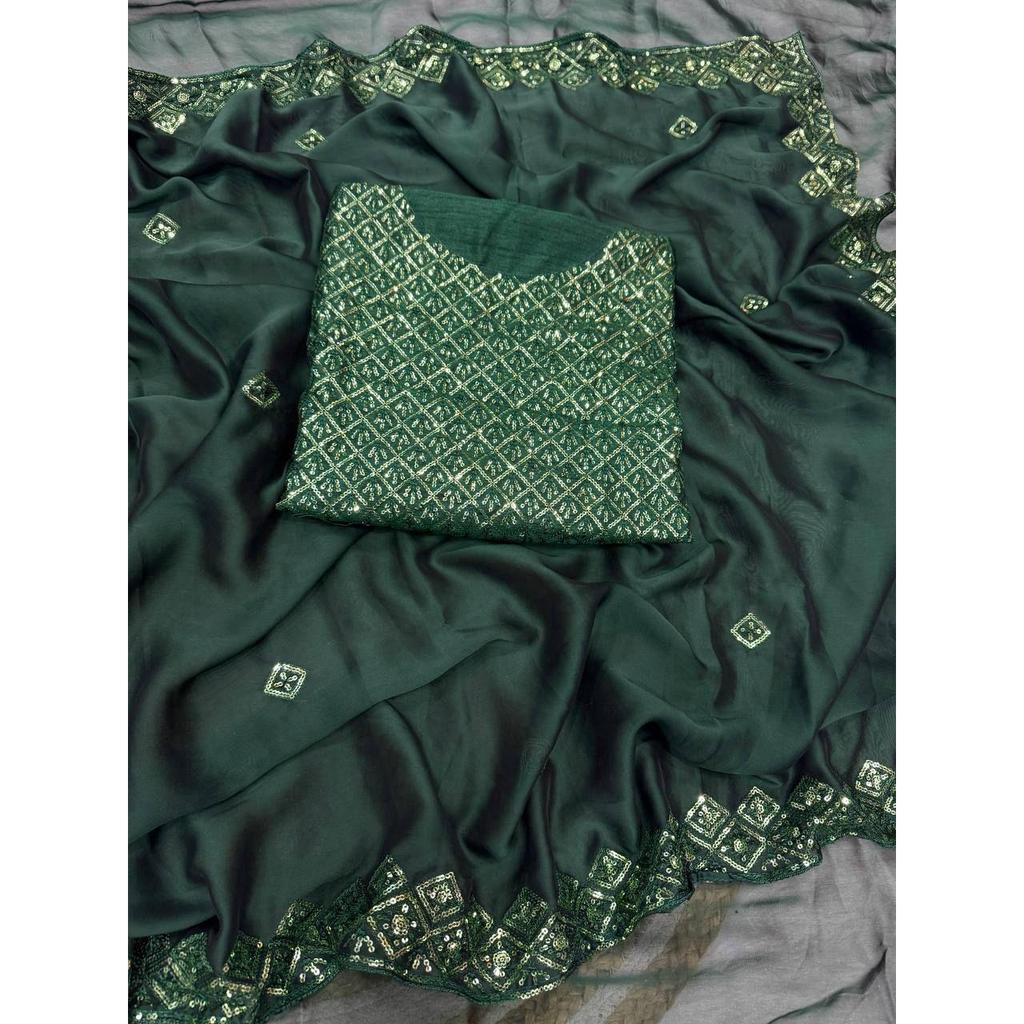 Мягкий шелк ранголи Красивое сари с вышивкой пайетками