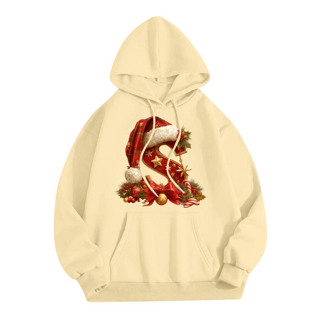 Women's Casual Comfortable Long-Sleeved Christmas Letter-Printed Warm Hooded Crew-Neck Sweatshirt