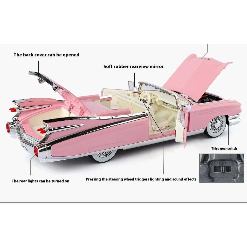 1/24 1959 Cadillac Eldorado Retro Sports Car Model Simulation Sound and Light Tire Suspension Collection Ornaments