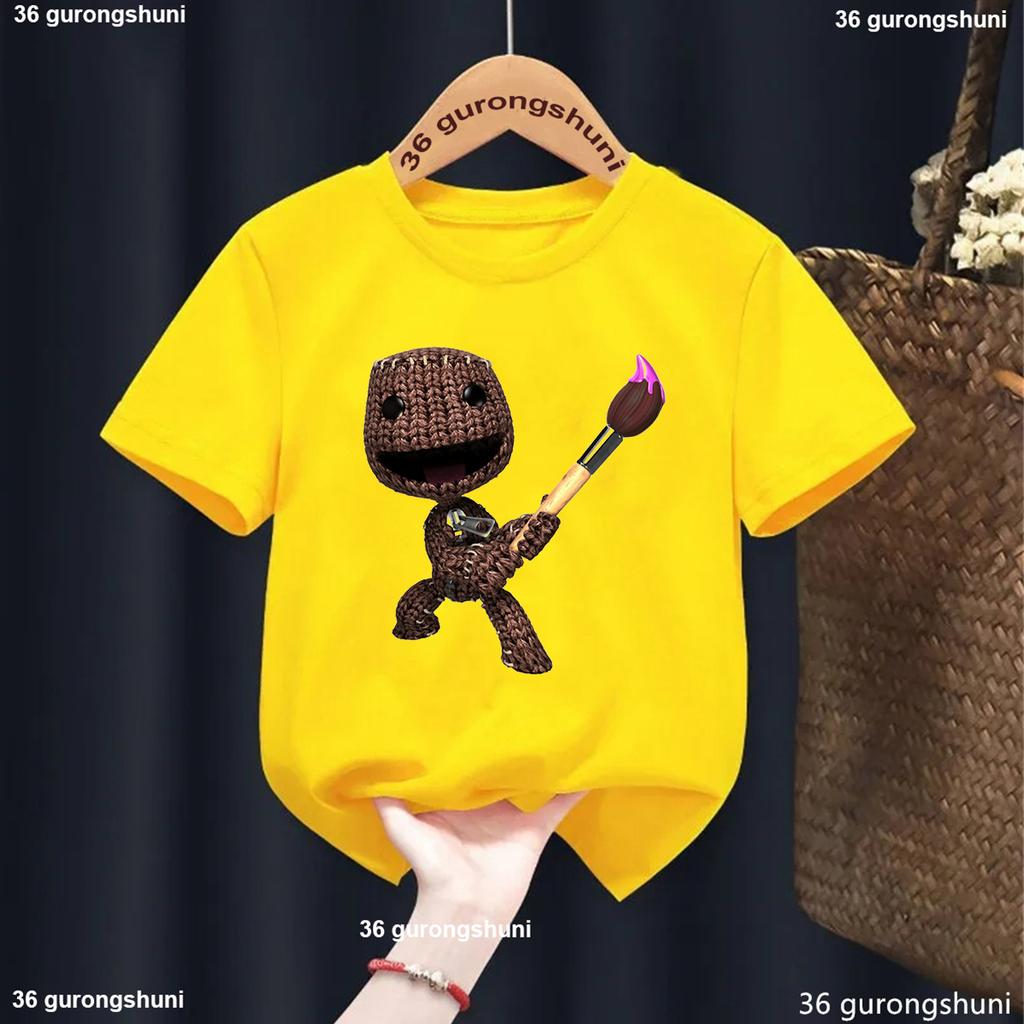 Новая футболка для мальчиков Смешная Видеоигра Lbp Sackboy Мультяшный Принт Детская Футболка Модная Трендовая Одежда для Мальчиков Летняя Белая Футболка с Круглым Вырезом