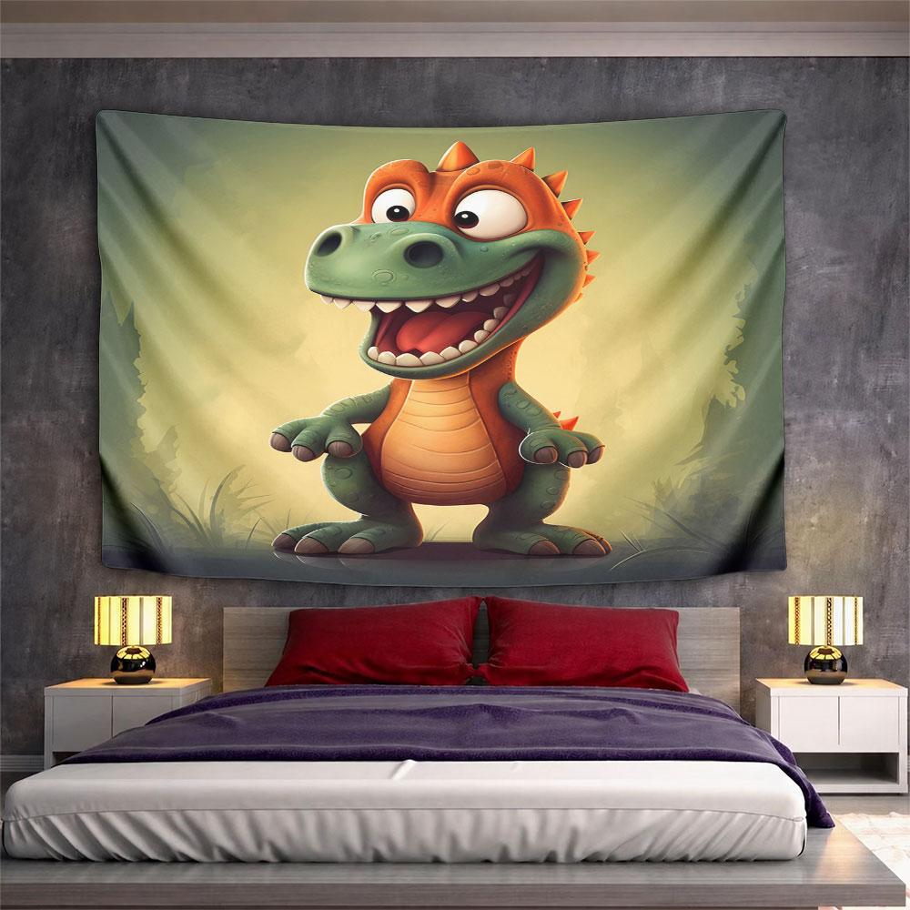Happy Cartoon Dinosaur in Forest Background Pattern Wall Hanging Tapestry Decorative Tapestry Home Decor for Bedroom and Living Room