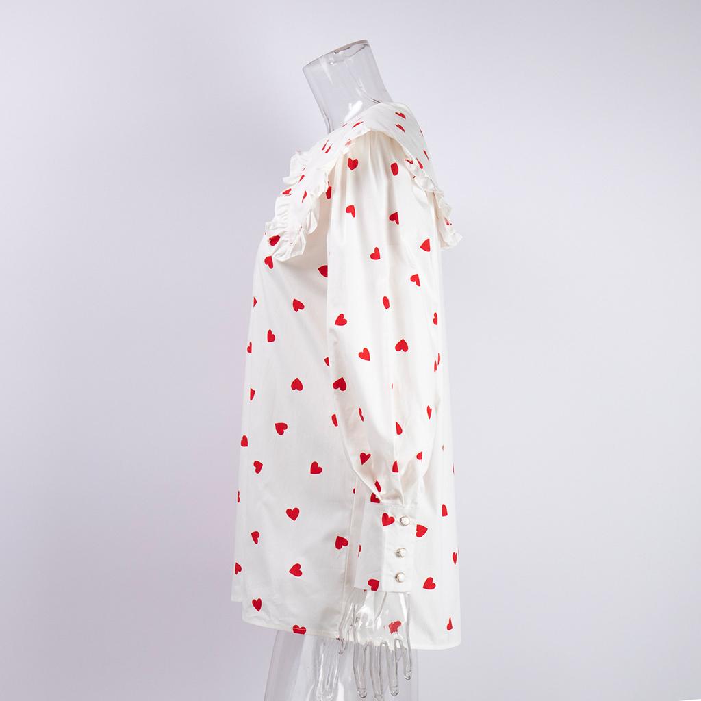 Spring and Autumn Women's Cotton Shirt Love Printed Shirt Doll Collar Lantern Sleeve Shirt