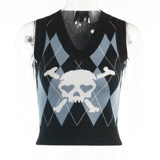 Gothic Skull Print Trui Vest Harajuku Punk Sexy V-hals Mouwloze Copped Tops Grunge Autume Winter Vrouwen Gebreide Tops