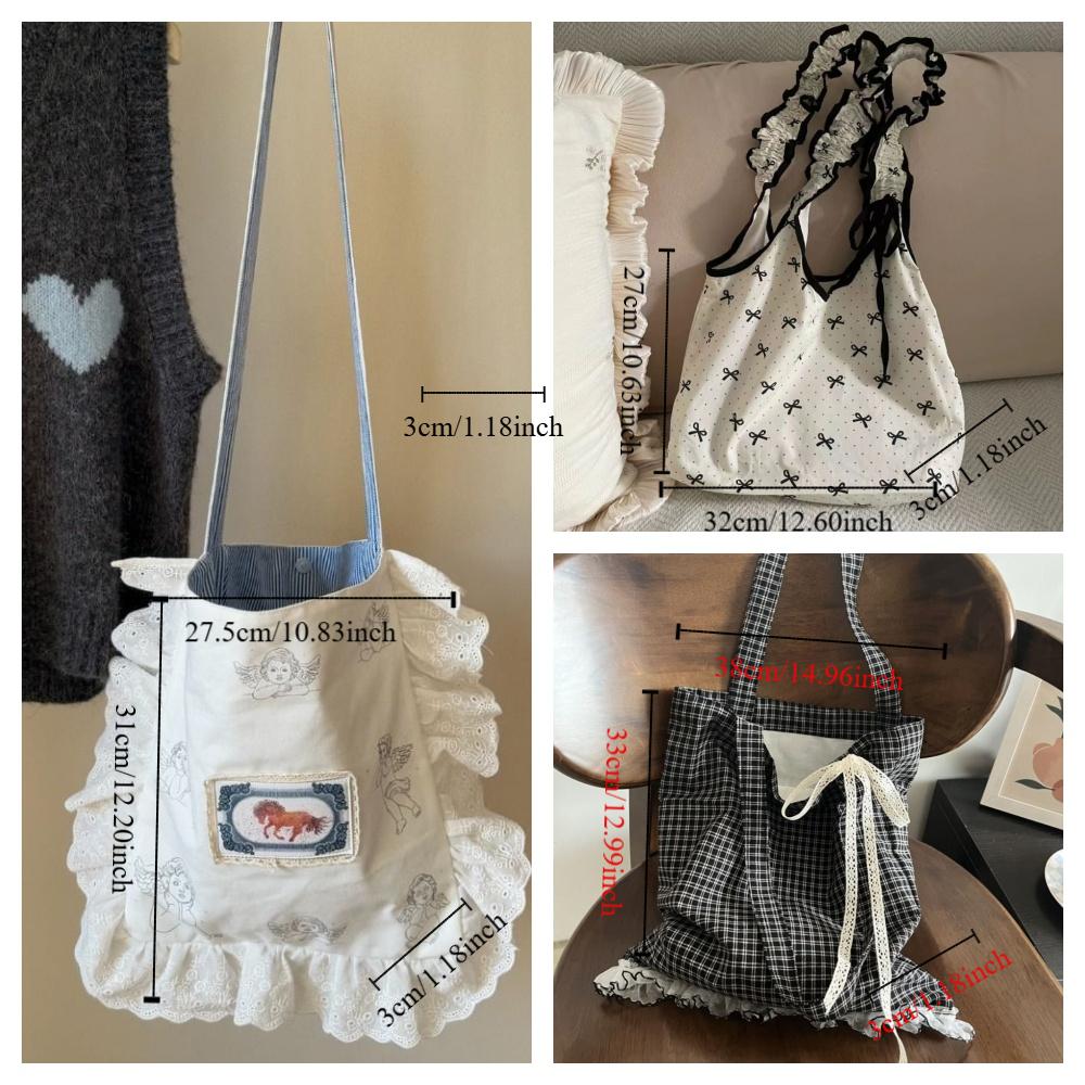 Large Capacity Ruffle Lace Canvas Bag Polka Dot Plaid Shoulder Bag Bow Shoulder Bag  Shopping