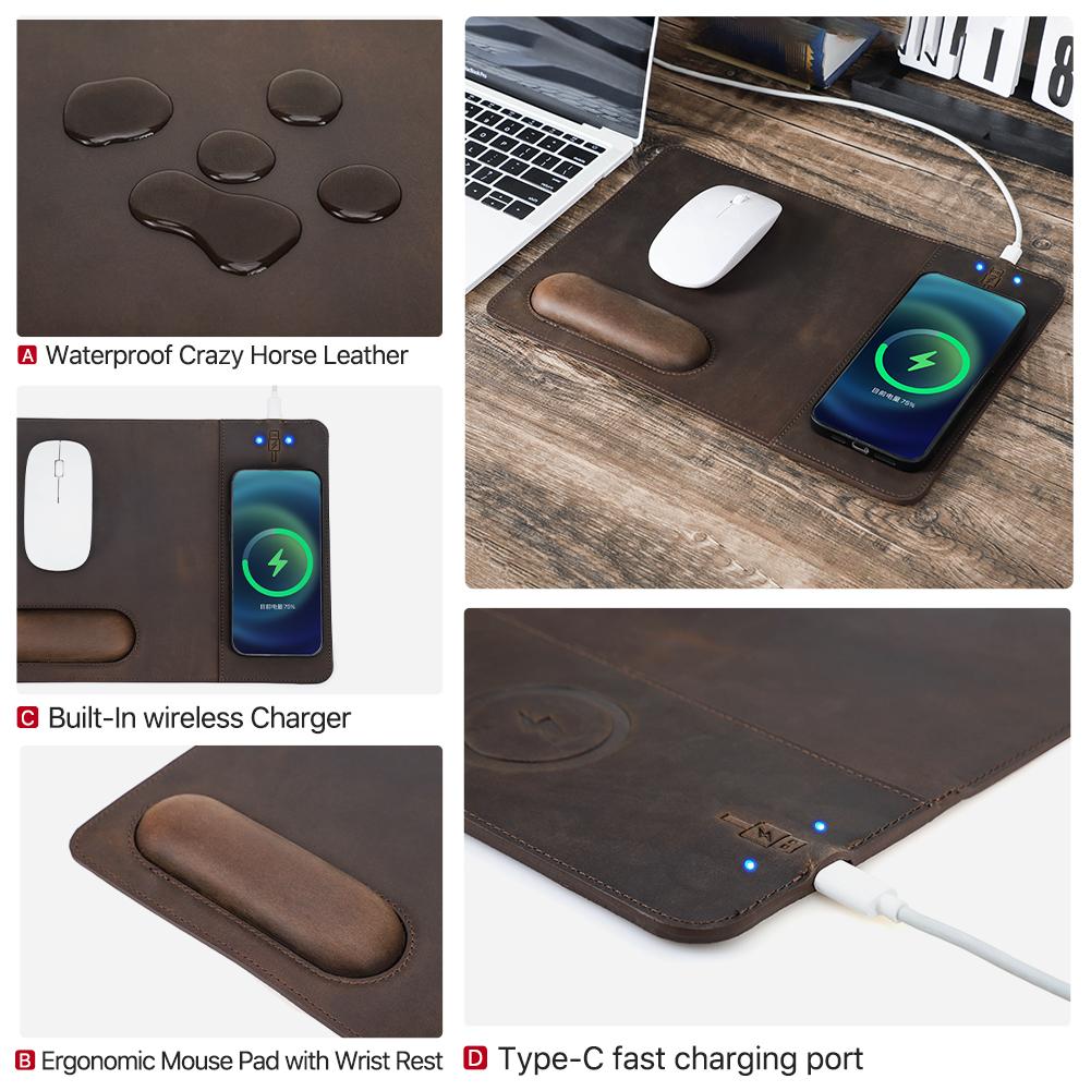 Коврик для мыши с беспроводной быстрой зарядкой для телефона 15 Вт, натуральная кожа, зарядный коврик для мыши для ПК, компьютера, ноутбуков, офисные аксессуары