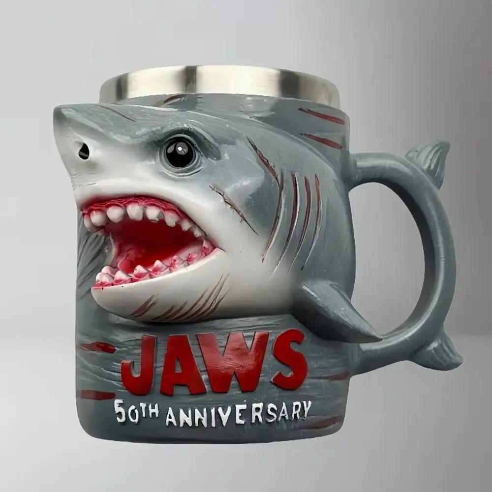 New Stainless Steel Liner Jaws 50th Anniversary Mug Creative Resin Material Ocean Theme Cup Funny 3D Design Shark Coffee Cup