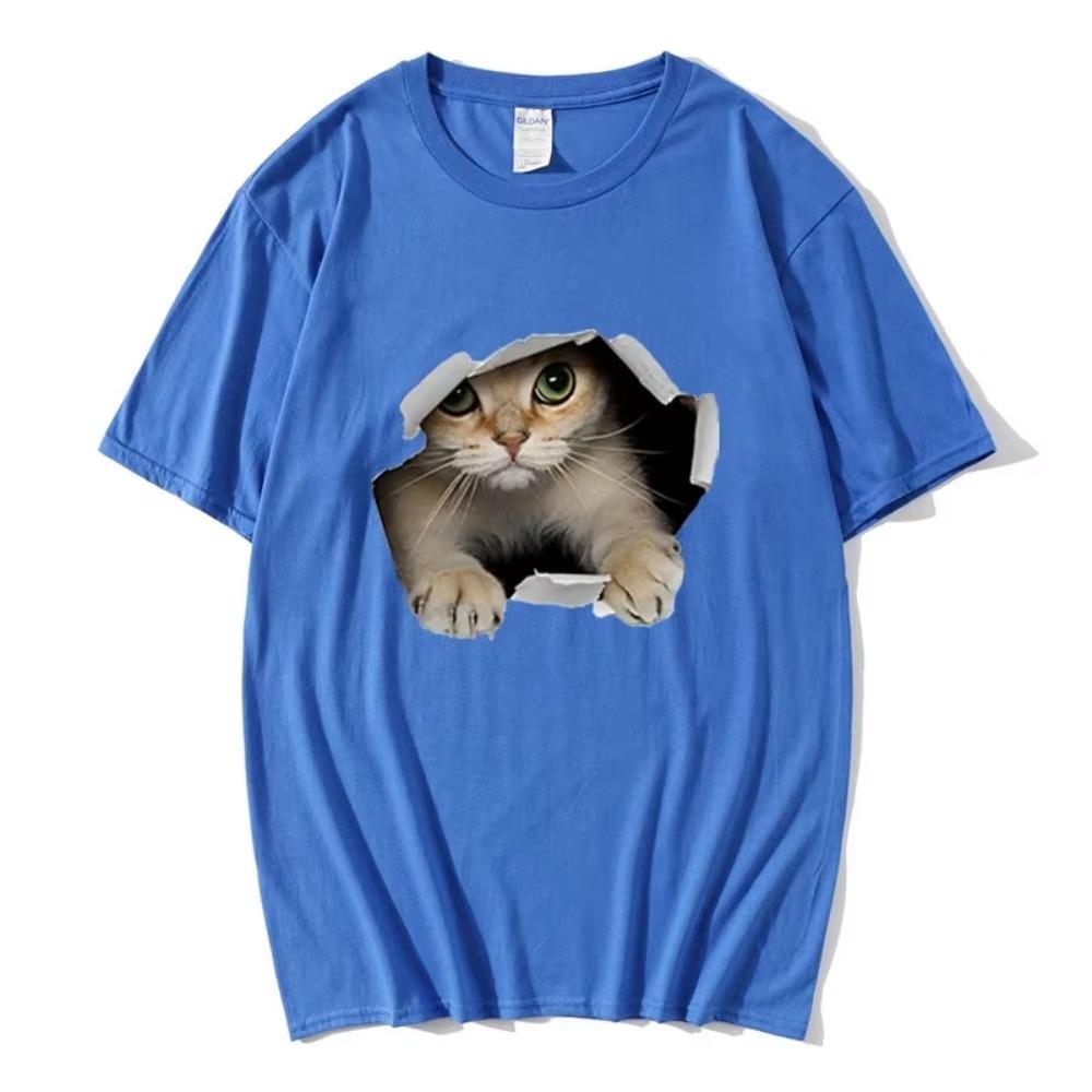 Cute Cat Print Men's Round Neck Short-sleeved T-shirt 100% Cotton Summer Casual Short-sleeved Harajuku Street Unisex Sports Top