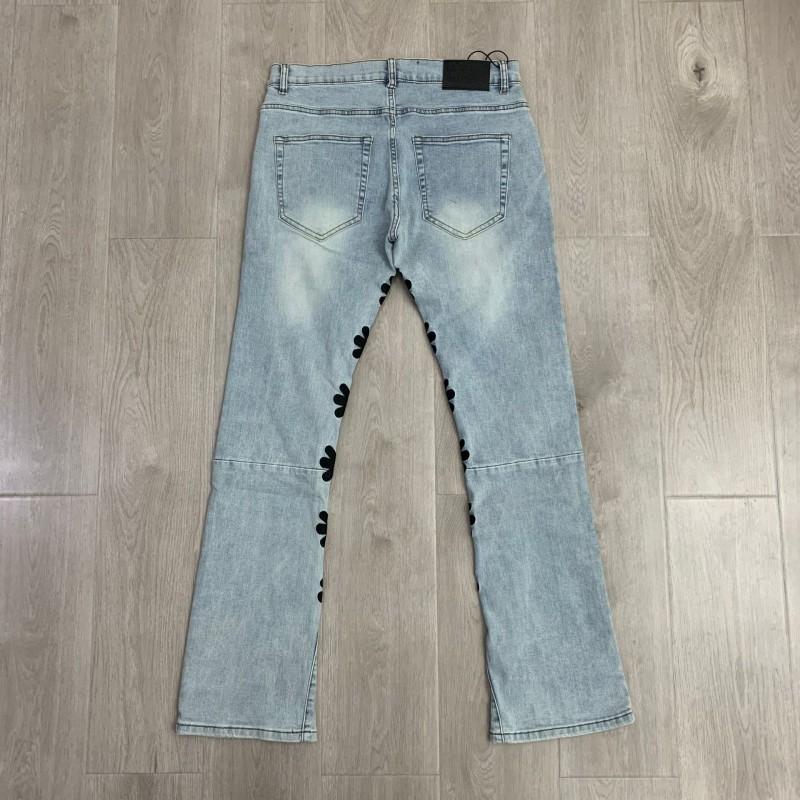 Mens Streetwear Straight Fit Denim Jeans With Embroidery Distressed Wash Button Fly Mid-Rise Stretch Cotton Blend