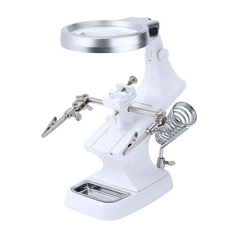 3 ручных паяльника, подставка, сварочный инструмент с увеличительным стеклом, светодиодной подсветкой, зажим типа «крокодил», зажим, помогает в ремонте