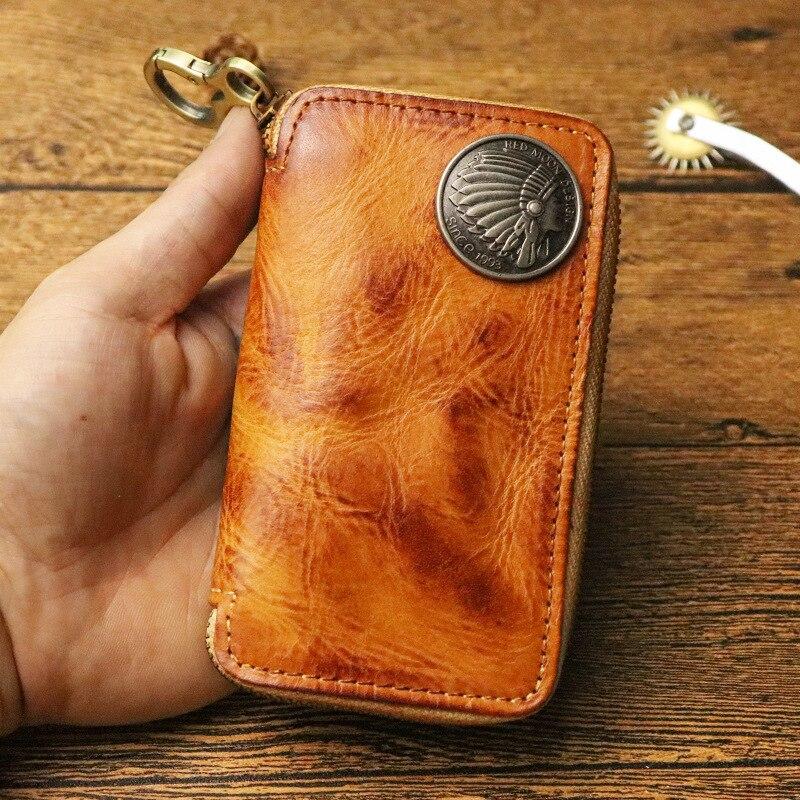 Handmade Geanuine Leather Key Case Wallet for Car and Card Case Keychain Wallet with Key Ring