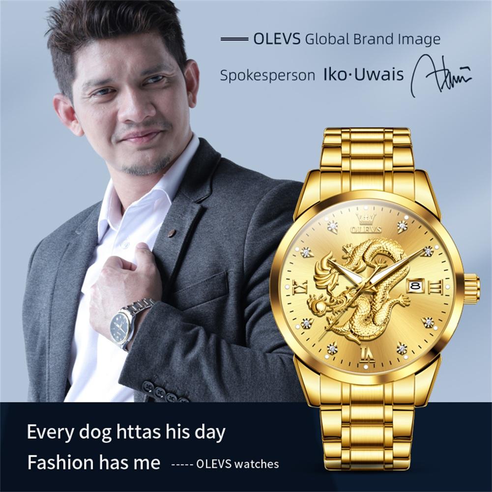 OLEVS Brand watch steel band three-dimensional dragon logo single calendar waterproof men's quartz watch 3619