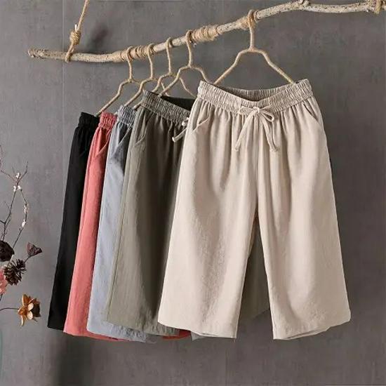 Women's Summer Cotton-Linen Loose Wide-Leg Crop Pants 216 - Plus Size