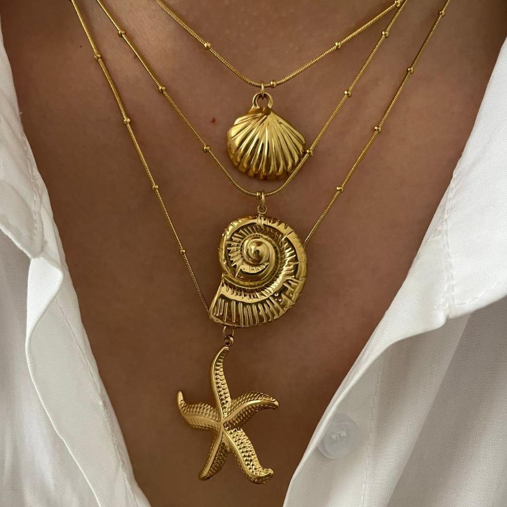 MHS.SUN Starfish Shell Conch Pendant Necklaces For Women Men Stainless Steel Trendy Chain Choker Beach Party Jewelry Summer