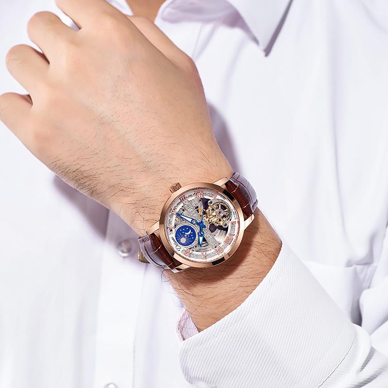 Tourbillon Moon Phase Wristwatch Luxury Hollow 3ATM Waterproof Stainless Steel Men Automatic Mechanical Watches Relojes Hombre