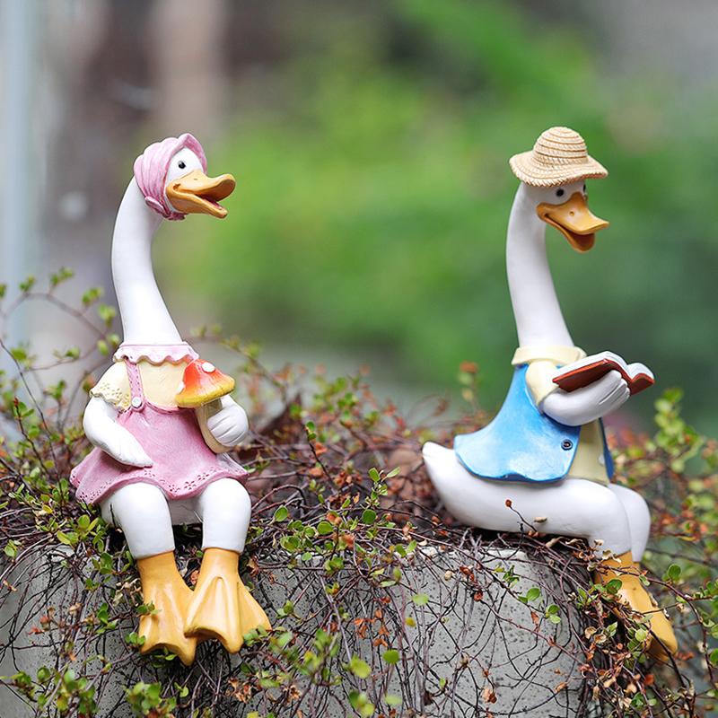 2 шт. утки, садовые украшения для чтения, пара животных, скульптуры, украшения, пара уток, подарок из смолы, декор для внутреннего и внутреннего дворика