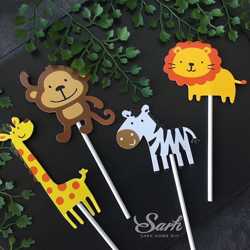 7pcs Jungle Safari Cupcake Picks Cake Toppers Cartoon Cupcake Inserts Card Kids Birthday Party AVE