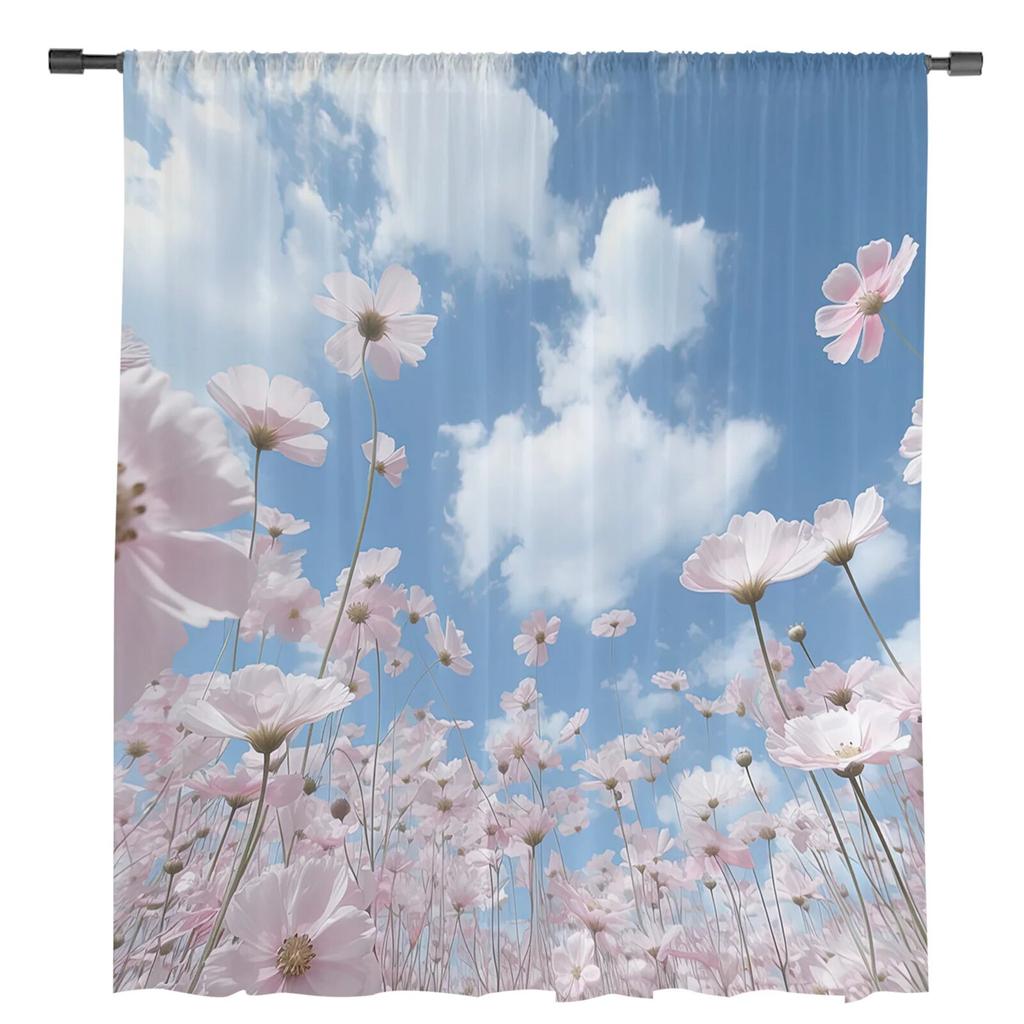 Голубое небо, облака, цветы, прозрачные шторы для гостиной, спальни, тюлевая занавеска для кухни, вуаль, занавеска, жалюзи, панели
