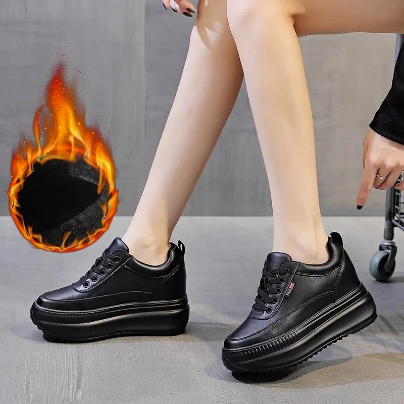 Женские повседневные черные туфли из натуральной кожи на платформе с танкеткой, женские 8 см, модные кроссовки на толстой подошве, весна-осень