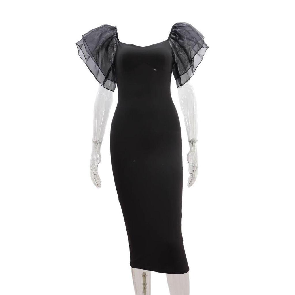 Европейское и американское облегающее миди-платье с сетчатыми рукавами-рюшами для женщин