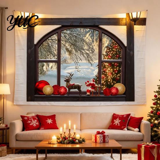 Wall Decor for Christmas Tapestry, Winter Snow Scene Backdrop, Xmas Tree Fireplace Backdrop Hanging Tapestry Bedroom Living Room Holiday Microfiber