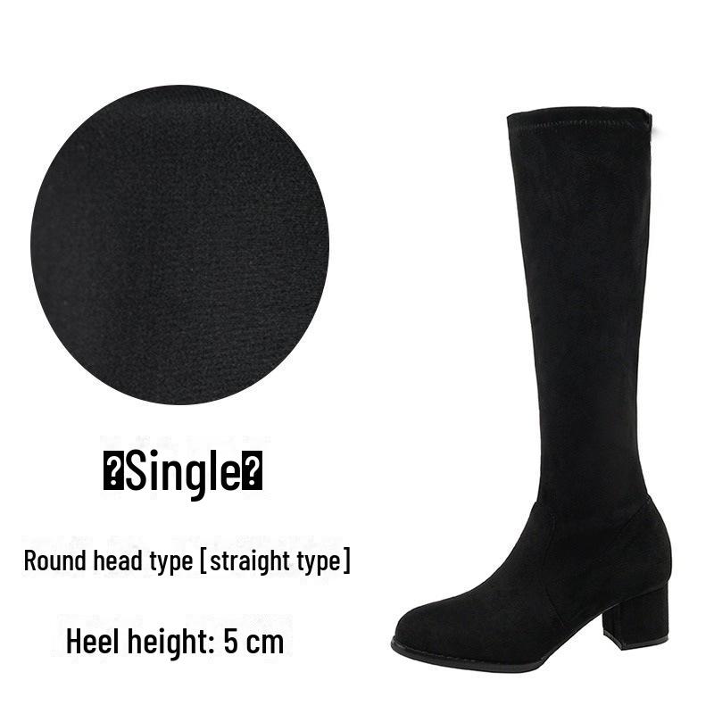 Женские сапоги из эластичной замши длиной до колена на высоком каблуке - Осень/Зима 2024 г. Длинные сапоги с круглым носком