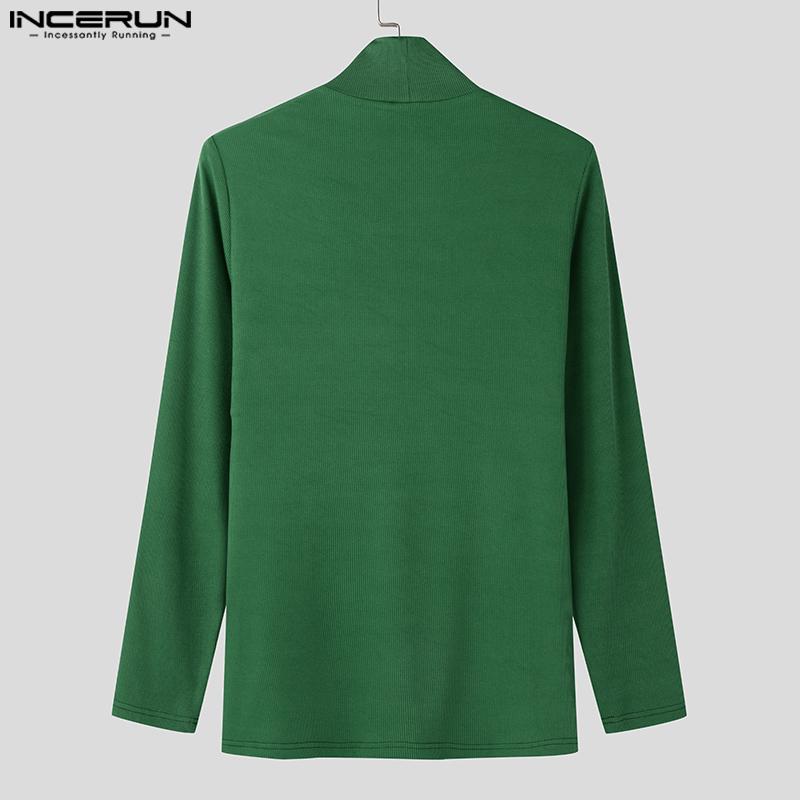 INCERUN Men Turtleneck Long Sleeve Hollow Tops Slim T-shirts