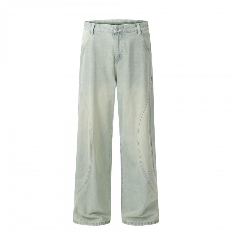 Men Women Streetwear Loose Fit Straight Leg Denim Pants High Waist Washed Blue Cotton Blend Casual Trousers
