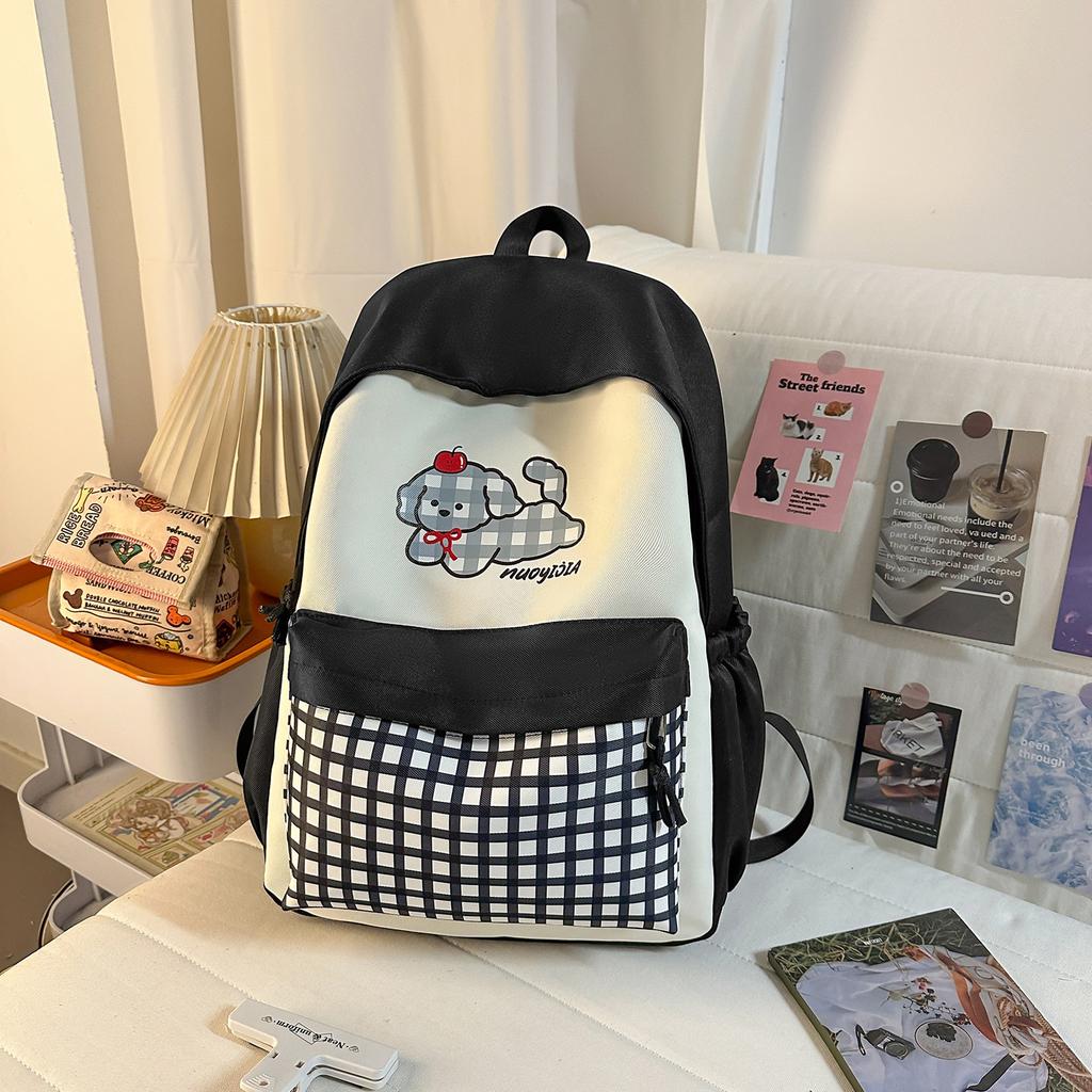 Schoolbag Korean in milk blue cute small fresh plaid backpack high value cartoon embroidery puppy girl backpack