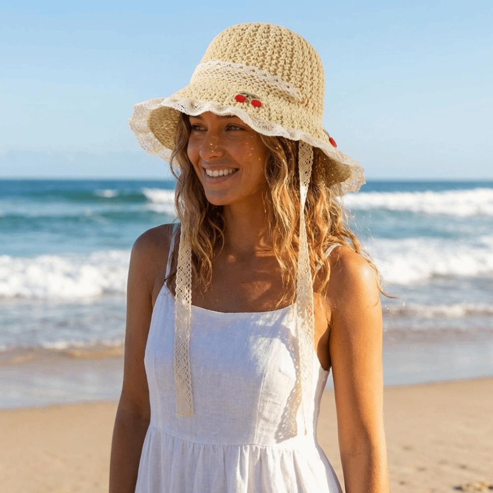 Cherry Embroidered Straw Fisherman Hat Lace Woven Bucket Hat Retro Women Sun Hat Ladies