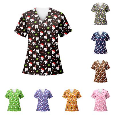 Женская свободная модная футболка с короткими рукавами, принтом в виде зубов, V-образным вырезом, застежкой на пуговицы и боковым разрезом